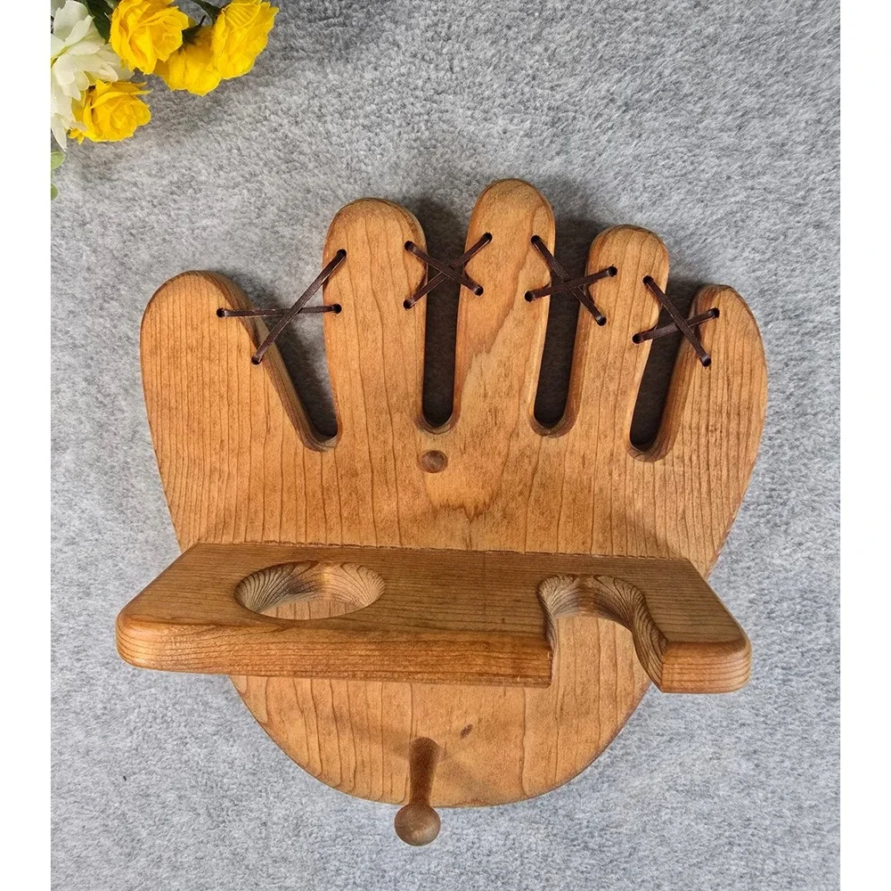 Y2K Wood Baseball Glove Wall Shelf Bat Mitt Holder Brown Sports Decor Rustic